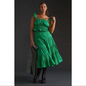 NEW Anthropologie Maeve Green Taffeta Smocked Tank + Tiered Midi Skirt Plus 16W